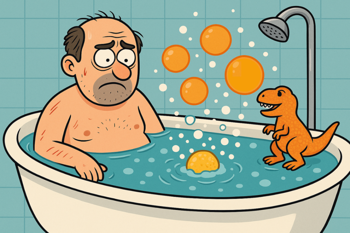 Przestraszony mężczyzna w wannie z dinozaurem